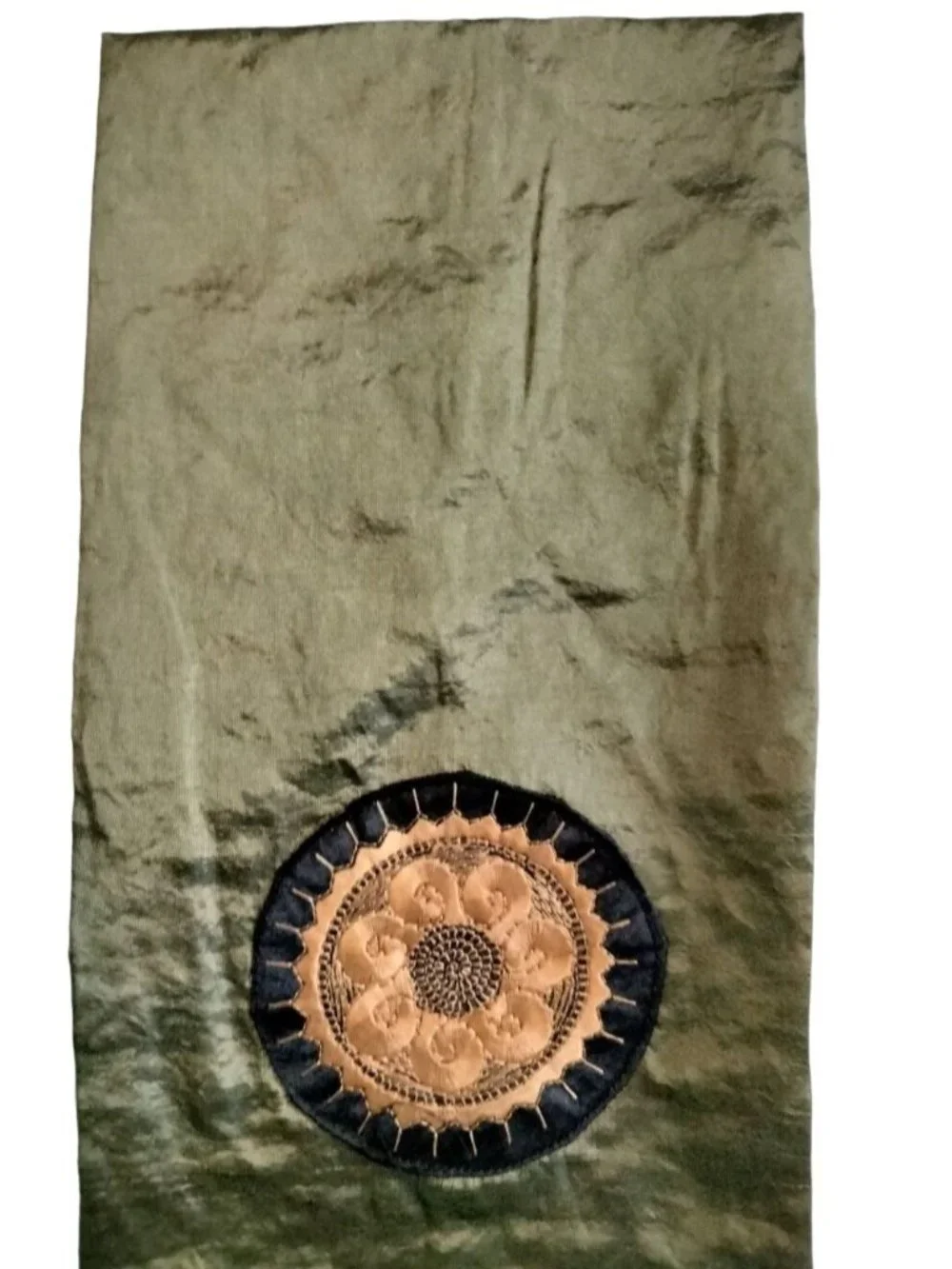 Fabric Wine Bottle Bag Green Embroidered Gold Flower Medallion Boho Gift